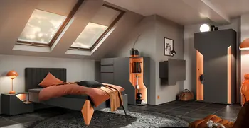 Futuristisch eingerichtetes Jugendzimmer in anthrazit und orangen Highlights